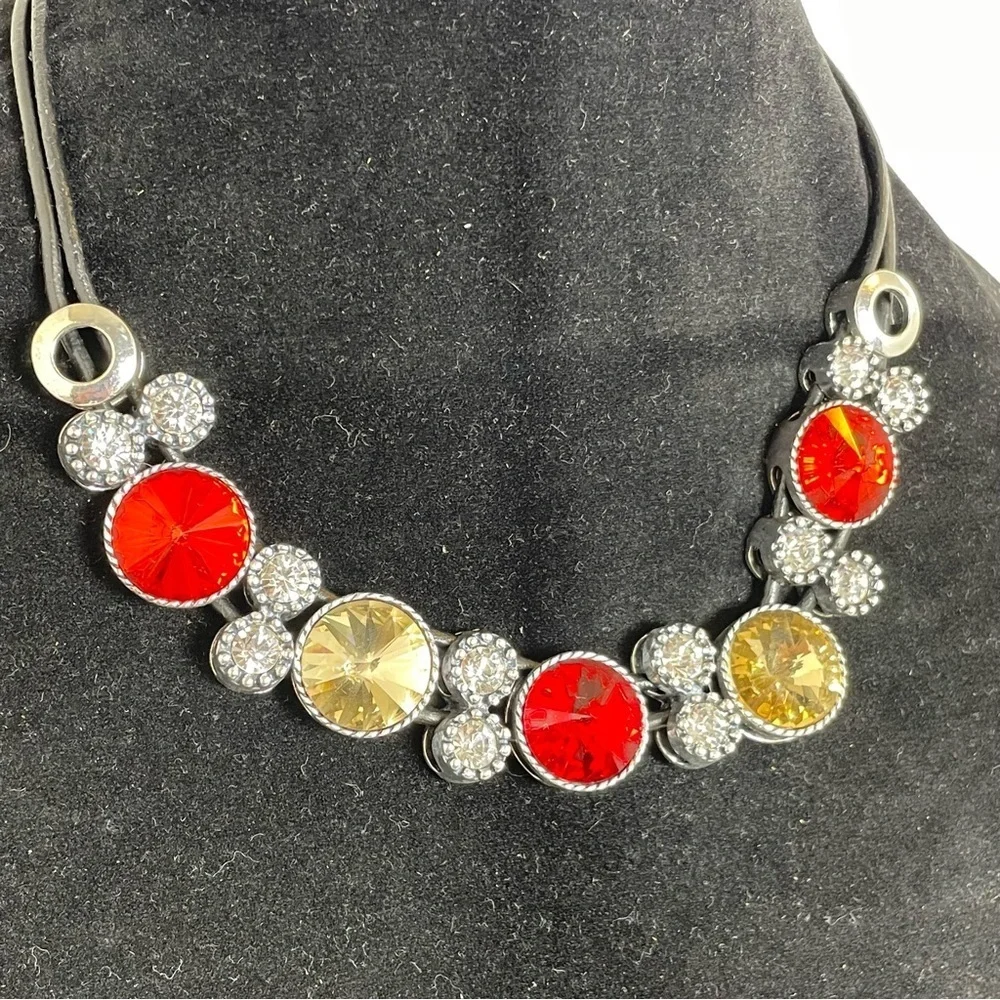 Stunning Red, Gold, and White Crystal Coker Necklace on  leather strands
